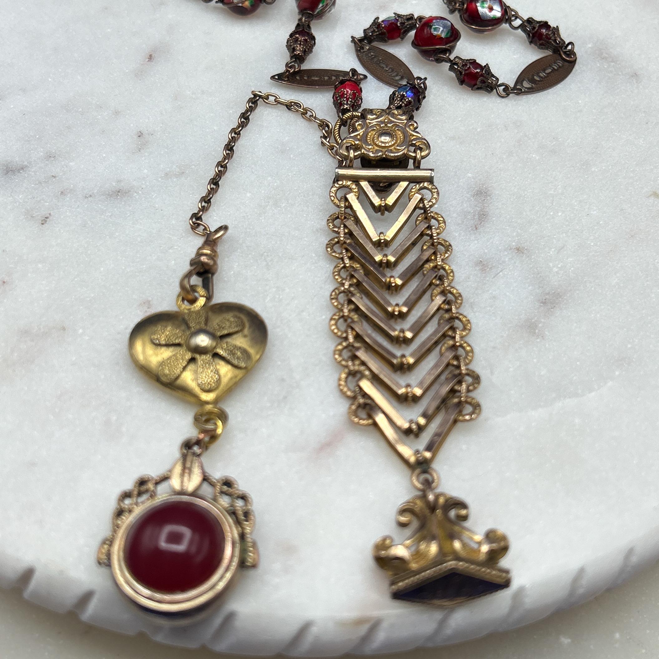 Antique Edwardian GF chatelaine watch fob initialed HH, herringbone link chain S.O.B. & CO. clasp, heart pendant, compass, upcycled necklace