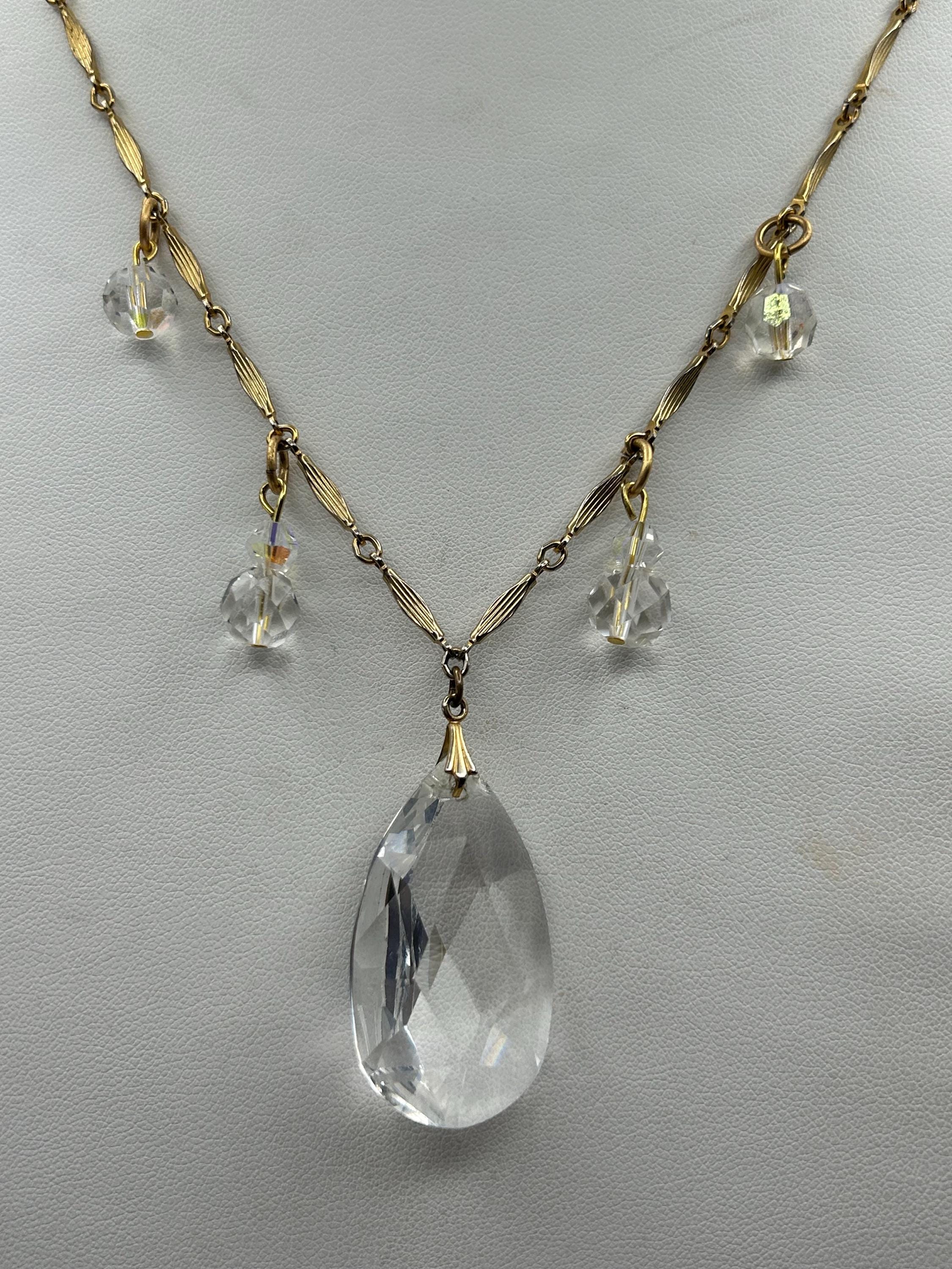 Cadena de cacahuete vintage con gran colgante de cristal transparente facetado con eslabones de cristal en collar reciclado de cadena de cacahuete