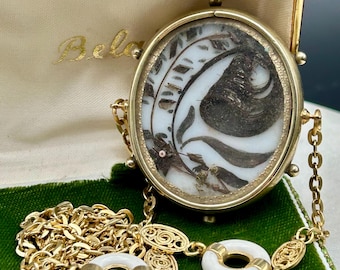 Antique Vintage Victorian mourning swivel double sided pendant with intricate hair art on milk glass and picture in gold tone frame necklace