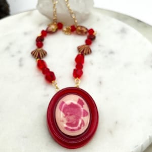 Vintage woman portrait “Lea Stein” STYLE acrylic frame brooch woman in hat glass bead upcycled necklace