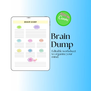 May include: A digital worksheet titled "Brain Dump" on a tablet, designed for organizing thoughts. The worksheet features sections for to-do lists, random thoughts, and other prompts. The image includes the text "Edit in Canva."