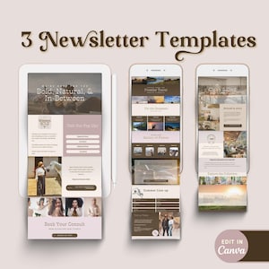May include: Three newsletter templates displayed on a tablet and two smartphones. The templates feature a Western theme, travel, and a clean, minimalist design. The text includes "Bold, Natural, & In Between", "Frontier Travel", and "Clean & Kind".