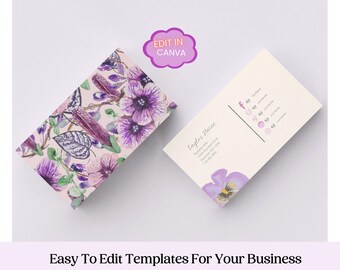 Plantilla de tarjeta de presentación de Canva, diseño floral editable, tarjeta de presentación imprimible y personalizada, tarjeta elegante para pequeñas empresas y marcas.