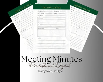 Meeting Minutes, Note Taking Printable, Business Productivity Tools, Meeting Planner, Meeting Agenda