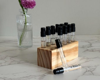 Perfume Sample Holder – Handcrafted Solid Wood Organizer for Fragrance Samples & Decants