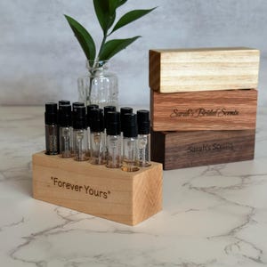 Wooden Perfume Sample Holder and Engraved Fragrance Vial Organizer Vanity Display Rack
