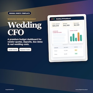 Wedding Budget Spreadsheet, Wedding Planner Google Sheets, Vendor Quote Comparison, Payment Tracker, CFO Dashboard Template