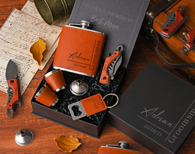 Personalized Leather Hip Flask Gift Set Engraved Groomsmen Proposal