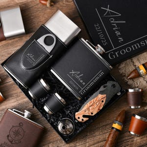 Engraved Cigar Box Leather Hip Flask Gift Set - Perfect Cigar Accessory Set for Groomsmen, Boyfriend or Husband