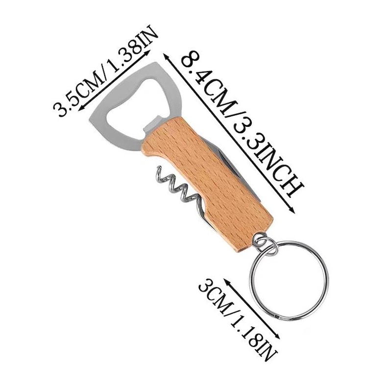 May include: A wooden keychain bottle opener with a corkscrew and a key ring. The keychain is 3.5 inches long and 3.3 inches wide.