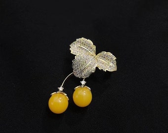 Cherry Brooch Handcrafted Brooch Pin Gift for Her Mother’s Day Gift Anniversary Gift Wedding Brooch Pendant Yellow Gold Brooch