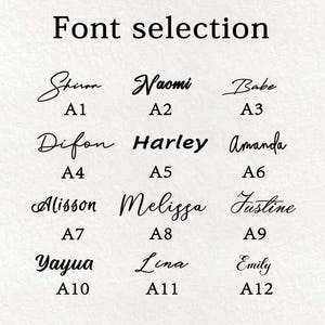 May include: A chart with 12 different font styles labeled A1 through A12. Each font style is shown with a sample word written in the font.