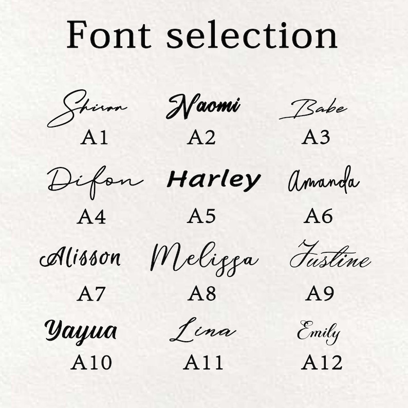 May include: A chart with 12 different font styles labeled A1 through A12. Each font style is shown with a sample word written in the font.