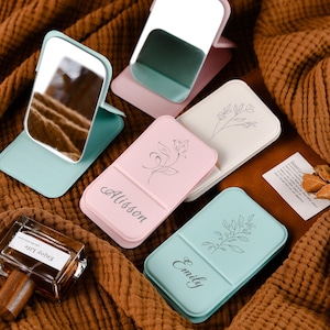 Espejo de maquillaje cuadrado personalizado, espejo de bolsillo con nombre y logotipo personalizados, regalo de dama de honor, espejo de maquillaje plegable, espejo de maquillaje de viaje