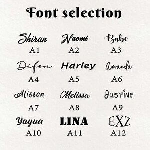 May include: A graphic displaying font selections. The text "Font selection" is at the top. Below are various font styles, each with a sample name and a corresponding number. The fonts range from cursive to bold, with names like "Shiran", "Naomi", and "LINA".