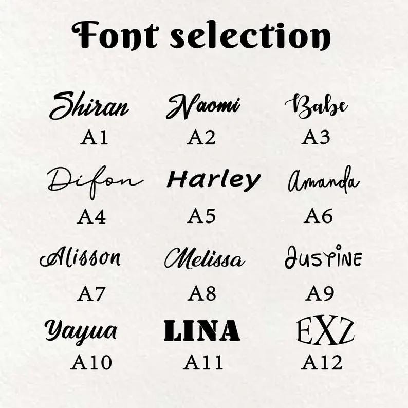 May include: A graphic displaying font selections. The text "Font selection" is at the top. Below are various font styles, each with a sample name and a corresponding number. The fonts range from cursive to bold, with names like "Shiran", "Naomi", and "LINA".