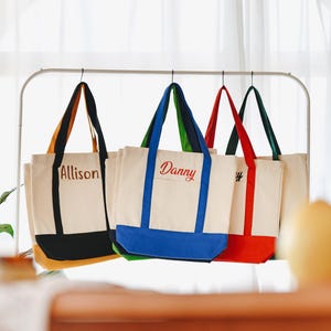 Personalized canvas tote bags with custom initials and name embroidery, stylish and practical shoulder bags, handmade bridesmaid gift bags