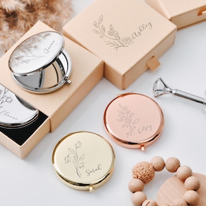 Personalized Birthday Flower Compact Mirror - Customizable Bridesmaid Gift, Stylish Gift for Bridesmaids or Bridal Shower Guests