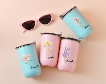 Custom Floral Stainless Steel Mug: Bridesmaid Proposal Gift
