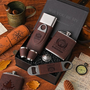 Personalized Flask Set: Engraved PU Leather Groomsmen Gift