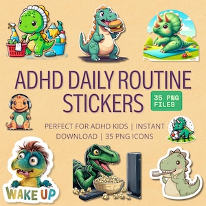 Pegatinas de rutina visual para el TDAH: Iconos de tareas de dinosaurios para niños y adultos (PNG, planificadores imprimibles)