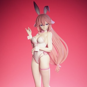 May include: A pink haired anime character wearing a white bunny costume with a pink bow and white cuffs. The character is standing on a pink platform with a white and pink fox figurine.