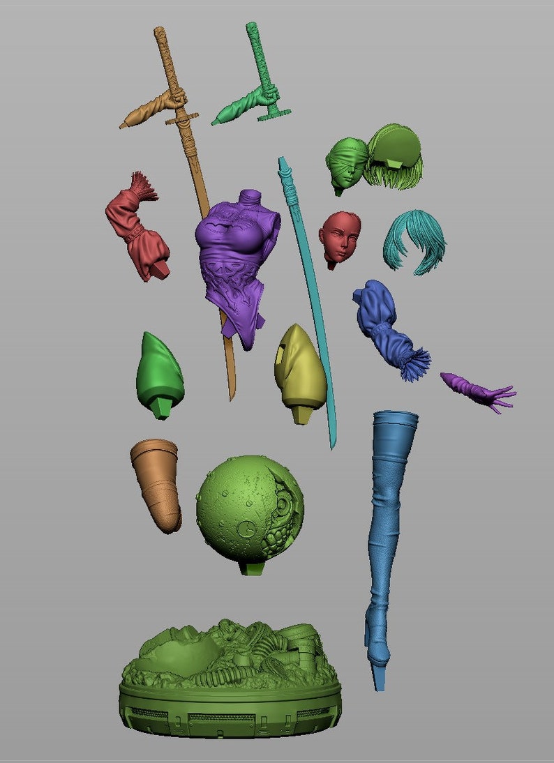 Puede incluir: Una colecci&oacute;n de piezas de modelo impresas en 3D, que incluyen un torso morado, una katana turquesa y varias extremidades y cabezas. Las piezas son de varios colores, como verde, amarillo y azul, y est&aacute;n dispuestas sobre un fondo gris.