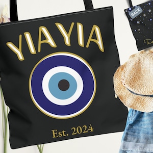 Personalized Evil Eye YiaYia Tote Bag/Greek Gift for Grandma/Black Canvas Tote with Mati Design – Custom Greek YiaYia Bag. Baby Reveal Gift