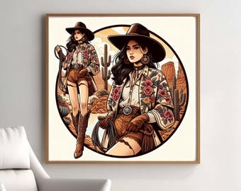 affiche élégante de cow-girl du désert | Décoration murale western cowboycore | Imprimé cow-girl bohème | Décoration de ferme rustique | Art country western