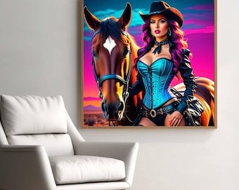 Bold Western Cowgirl Poster | Boho Cowgirl Wall Art | Cowgirl and Horse Print | Rustic Sunset Art | Western Farmhouse Decor