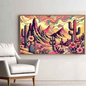 Funky ‘70s Arizona Desert Poster — Grateful Dead Inspired Wall Art, Mountains, Cacti & Flowers, Retro Airbnb Decor, Multiple Sizes