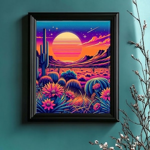 Póster de Synthwave "Atardecer en Arizona": Arte mural retro mate con flores y cactus, impresión vibrante desértica nocturna, varios tamaños - Cowboy Core
