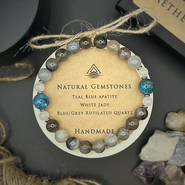Natural Gemstone Bracelet with Teal Blue Apatite, White Jade & Blue/Grey Rutilated Quartz - Handcrafted Jewelry