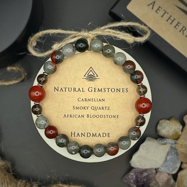 Natural Gemstone Bracelet with Carnelian, Smoky Quartz & African Bloodstone - Handcrafted Jewelry