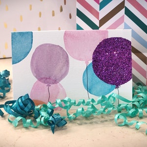 Cartão de Aniversário Feito à Mão - Balões Aquarela com Glitter