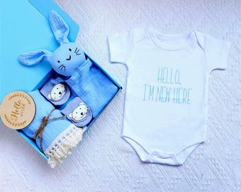 Conjunto de regalo azul para bebé niño recién nacido, regalo para embarazadas, manta de muselina, edredón de conejito, pelele, calcetines.