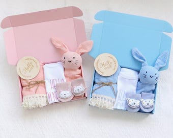 Geschenkdoos pasgeboren tweeling, babyshower jongensmeisje, mousseline deken, dekbed konijn, romper