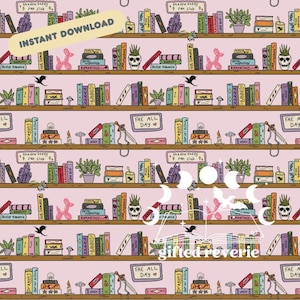 May include: A repeating pattern featuring illustrated bookshelves with books, plants, and decorative items. The design includes the text "INSTANT DOWNLOAD" and "FAE ALL DAY". The color palette is soft pink, brown, and various other colours.