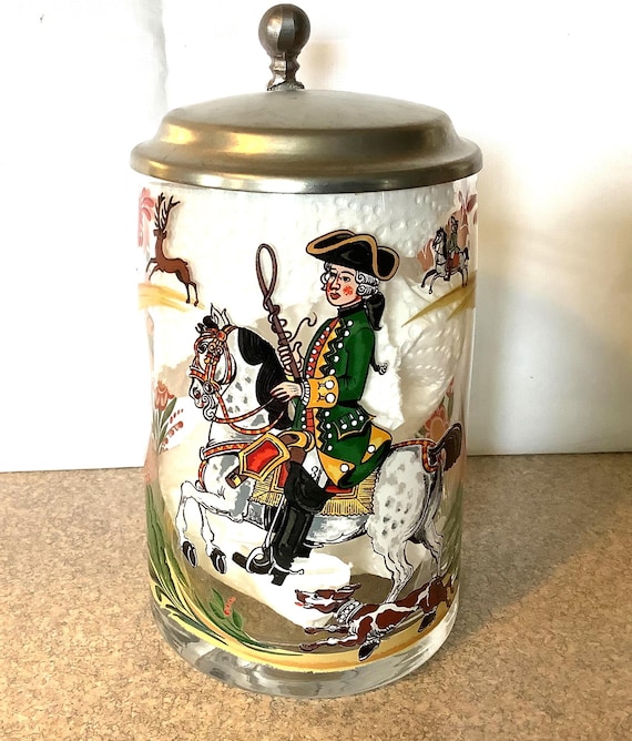 ヴィンテージガラスビールジョッキ、ピューター蓋付き、カラフルな馬と