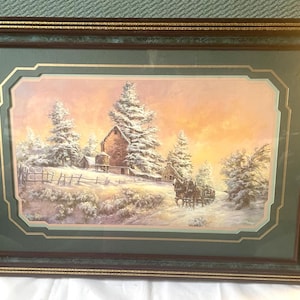 Vintage Lee K Robinson Kunstdruck Winterszene Rustikaler Land Pferdeschlitten