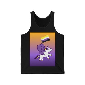 May include: A black tank top with a purple, yellow, and white flag on a unicorn with a cat riding on its back. The background is a gradient of orange, purple, and white.