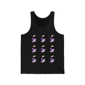 May include: Black tank top with a repeating pattern of purple figures riding white unicorns, each holding a yellow, white, and purple flag.