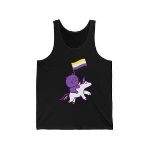 May include: Black tank top with a purple and yellow cat riding a unicorn holding a purple, yellow, and white flag.