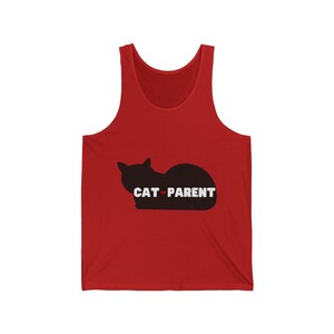 May include: Red tank top with a black silhouette of a cat and the text "CAT PARENT" with a red heart between the words.