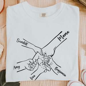 Custom Mothers Day Shirt, Holding Hands Shirt, Mom and Children Hands Tee, Kid Name Shirts, Custom Name Shirt, Personalized Mothers Day Gift White