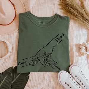 Custom Mothers Day Shirt, Holding Hands Shirt, Mom and Children Hands Tee, Kid Name Shirts, Custom Name Shirt, Personalized Mothers Day Gift Moss