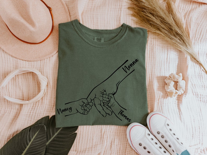 Custom Mothers Day Shirt, Holding Hands Shirt, Mom and Children Hands Tee, Kid Name Shirts, Custom Name Shirt, Personalized Mothers Day Gift Moss