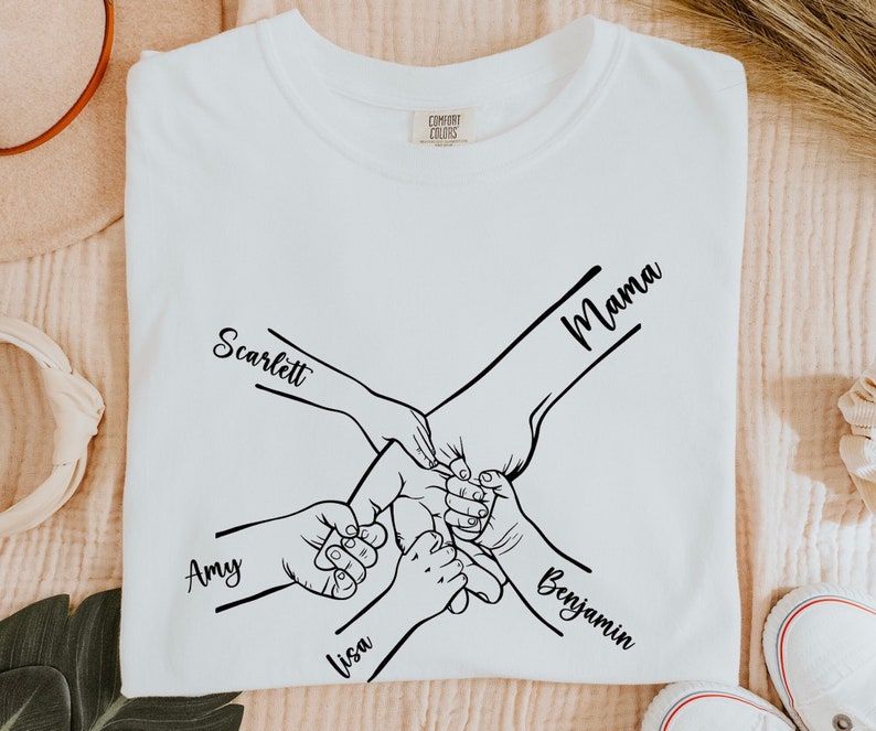 Custom Mothers Day Shirt, Holding Hands Shirt, Mom and Children Hands Tee, Kid Name Shirts, Custom Name Shirt, Personalized Mothers Day Gift White