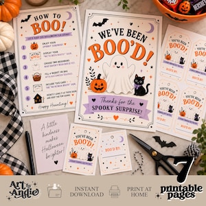 May include: A set of printable Halloween Boo signs and tags featuring a white ghost, a black cat, and an orange pumpkin. The text includes How to Boo, We've Been Boo'd, and A little kindness makes Halloween brighter, with black scissors and a black pen.