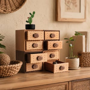 May include: A wooden desktop storage organizer featuring six drawers with scalloped edges resembling crackers. Each drawer front has a small, dark brown wooden knob shaped like a fish. The unit is constructed from light and dark wood tones.